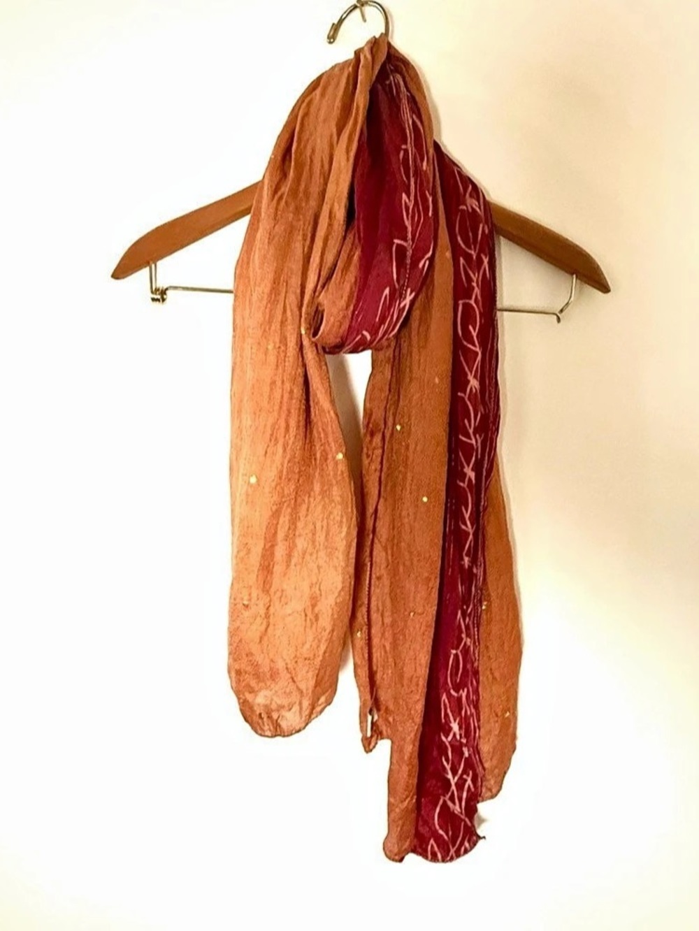 100% Silk Scarf Rust Burgundy Gold Detail Made in India